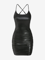 ZAFUL Robe à Bretelle Croisée en Cuir PU à Volants M Noir