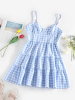 ZAFUL Robe à Bretelle Superposée en Vichy S Bleu clair