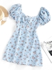 ZAFUL Robe à Imprimé Fleur en Dentelle Insérée à Manches Bouffantes à Volants L Bleu clair