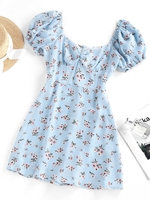 ZAFUL Robe à Imprimé Fleur en Dentelle Insérée à Manches Bouffantes à Volants L Bleu clair