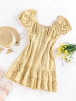 ZAFUL Robe à Imprimé Fleur Plissée en Vichy à Manches Bouffantes Xl Jaune clair