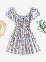 ZAFUL Robe à Imprimé Fleurie à Manches Bouffantes à Volants M Bleu clair