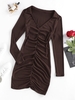 ZAFUL Robe Ajustée Côtelée Plissée à Col V S Café profond