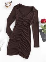 ZAFUL Robe Ajustée Côtelée Plissée à Col V S Café profond