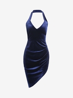 ZAFUL Robe Asymétrique Drapée à Côté en Velours à Col Halter S Bleu profond