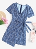 ZAFUL Robe Asymétrique Fleurie avec Nœud Papillon M Bleu