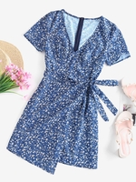 ZAFUL Robe Asymétrique Fleurie avec Nœud Papillon S Bleu