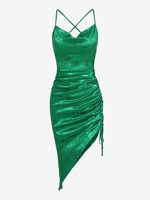 ZAFUL Robe Asymétrique Fleurie en Jacquard à Lacets en Satin S Vert profond