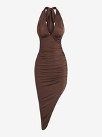 ZAFUL Robe Asymétrique Plissée sans Dos à Col Halter L Café profond
