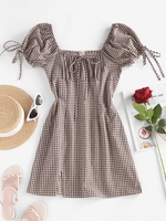 ZAFUL Robe Auto-Nouée à Manches Bouffantes en Vichy L Café