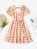 ZAFUL Robe Auto-Nouée sans Dos en Vichy à Volants S Orange clair