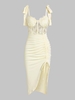 ZAFUL Robe Corset Fendue Fleurie en Dentelle Insérée à Epaule Nouée L Jaune clair