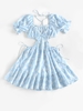 ZAFUL Robe Découpée Fleurie Imprimée à Manches Bouffantes à Volants M Bleu clair