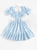 ZAFUL Robe Découpée Fleurie Imprimée à Manches Bouffantes à Volants S Bleu clair