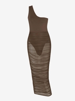 ZAFUL Robe de Body Mi-Longue Plissée en Maille Insérée à Une Epaule à Volants M Café profond