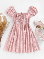 ZAFUL Robe de Laitière Fleurie à Manches Bouffantes à Volants M Rose clair