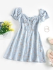 ZAFUL Robe de Laitière Fleurie à Manches Bouffantes M Bleu clair