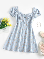 ZAFUL Robe de Laitière Fleurie à Manches Bouffantes M Bleu clair