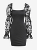 ZAFUL Robe de Laitière Fleurie Panneau en Maille Transparente à Manches Longues S Noir