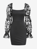 ZAFUL Robe de Laitière Fleurie Panneau en Maille Transparente à Manches Longues S Noir