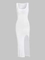 ZAFUL Robe de Plage Style Débardeur Tricotée Semi-Transparente Au Crochet à Fente Haute L Blanc