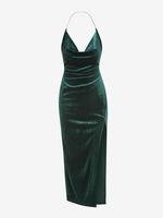 ZAFUL Robe de Soirée à Chaîne Fendue Moulante sans Dos en Velours à Col Halter M Vert profond