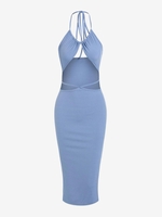 ZAFUL Robe de Soirée Moulante Fendue Découpée Côtelée à Col Halter Xl Bleu clair