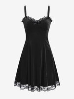 ZAFUL Robe de Soirée Vintage Ourlet en Dentelle à Taille Haute en Velours avec Nœud Papillon M Noir