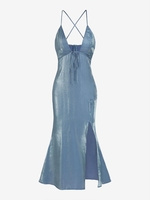 ZAFUL Robe Epaule Dénudée Croisée à Fente Haute à Paillettes L Bleu profond