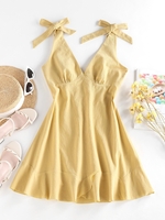 ZAFUL Robe Epaule Nouée sans Dos à Volants L Jaune clair