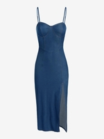 ZAFUL Robe Fendue à Bretelle en Chambray M Bleu