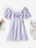 ZAFUL Robe Fendue à Manches Bouffantes en Vichy S Violet clair