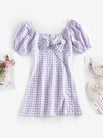ZAFUL Robe Fendue à Manches Bouffantes en Vichy S Violet clair