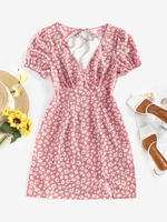 ZAFUL Robe Fendue Découpée Nouée Fleurie Nouée S Rose léger