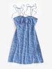 ZAFUL Robe Fendue Fleurie Imprimée à Epaule Nouée à Volants M Bleu