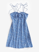 ZAFUL Robe Fendue Fleurie Imprimée à Epaule Nouée à Volants M Bleu