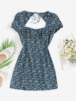 ZAFUL Robe Fendue Fleurie Imprimée Ouverte Au Dos M Noir