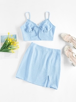 ZAFUL Robe Fendue Nouée en Avant à Volants Deux Pièces L Bleu clair
