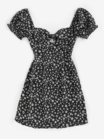 ZAFUL Robe Fleur Nouée à Manches Bouffantes à Lacets M Noir