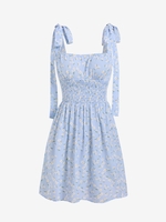 ZAFUL Robe Fleur Plissée Epaule Nouée à Taille Empire S Bleu clair