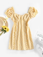 ZAFUL Robe Fleurie à Manches Bouffantes à Volants L Jaune clair