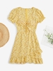 ZAFUL Robe Fleurie Découpée Nouée à Manches Bouffantes L Jaune clair
