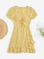 ZAFUL Robe Fleurie Découpée Nouée à Manches Bouffantes L Jaune clair
