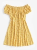 ZAFUL Robe Fleurie Imprimée à Epaule Dénudée à Volants M Jaune