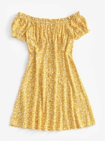 ZAFUL Robe Fleurie Imprimée à Epaule Dénudée à Volants M Jaune