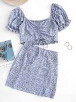 ZAFUL Robe Fleurie Imprimée Plissée Au Dos à Volants Deux Pièces S