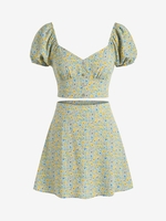 ZAFUL Robe Fleurie Manches Bouffantes Deux Pièces M Vert clair