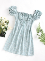 ZAFUL Robe Fleurie Nouée à Manches Bouffantes à Volants M Vert clair