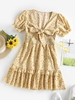 ZAFUL Robe Fleurie Nouée en Avant à Manches Bouffantes à Volants M Jaune