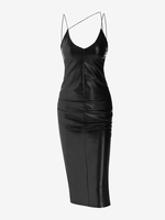 ZAFUL Robe Mi-Longue à Bretelle Fendue Au Dos en Cuir PU L Noir